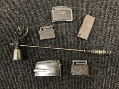 A boxed Chatsworth stag candle snuffer and a collection of five lighters including Ronson, Calibri,