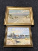 A gilt framed continental oil on canvas - sand dunes and one other of a haystack