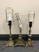 Three continental brass table lamps