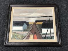 A gilt framed continental oil on canvas - abstract village with two figures