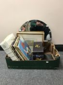 A box of picture discs, LP's, dvd box sets, Ian Fleming book,