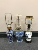 Three 20th century Chinese blue and white vases converted to table lamps with continental wiring