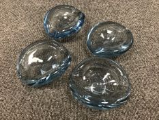 Two Holmegaard Per Lutken blue glass shallow bowls, diameter 15 cm,