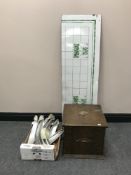 A mid-20th century enamelled splash back together with a copper coal receiver and liner and a box