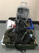 Three crates of men's walking equipment, Berghaus boots, back pack, vintage clothing,