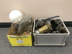 Two boxes of glass globe, Victorian glass dome (damaged), box of brass and pewter ware, soda syphon,