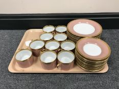 A tray containing thirty pieces of Fitz and Floyd Versailles Dusty Rose tea china