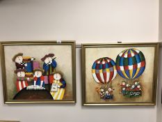 Two gilt framed oils on canvas - band in hot air balloons,