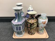 A tray containing a pair of contemporary Chinese vases together with four other vases