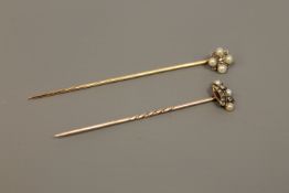 Two antique gold pins set with diamonds and pearls