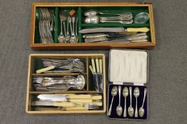 Two trays containing a quantity of silver plated flatware,