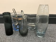 A Holmegaard Per Lutken blue glass ice bucket with tongs, signed to base,