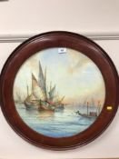 J. Hill : Fishing Boats in Calm Waters, watercolour, signed, 49 cm x 49 cm, framed.