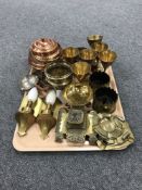 A tray of brass and copper ware - goblets, rose bowls,