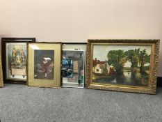 A gilt framed oil on canvas - boy fishing, framed ancient shepherds A.U.