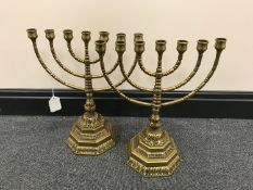 A pair of decorative brass menorahs, height 37.