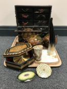 An oriental black lacquered miniature chest, pair of wooden globes, inlaid trinket box, compact,