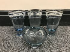 Three Holmegaard Per Lutken blue glass vases, height 14 cm,