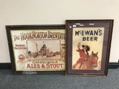 Two framed advertisements 'The Hook Norton Brewery' and McEwans Beer