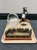 A tray containing a brass figure of a greyhound on wooden plinth,