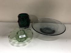 Three pieces of Whitefriars glass to include a pattern 9608 knobbly vase in green,