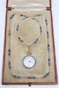 A superb quality 18ct gold champleve enamel and diamond set fob watch with matching 18ct enamel