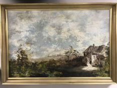 Twentieth century school : Study of a watermill, oil on board, 59 cm x 89 cm, framed.