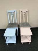 A pair of painted high back dining chairs together with a pair of painted lamp tables