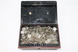 A tin containing a very large quantity of silver three penny bits, 72.