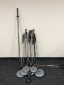 A weights bar together with six vinyl weights,