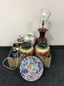 A box of early twentieth century transfer printed vases, sylvac vase, table lamp,