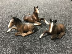 Three brown gloss Beswick lying foals (3)