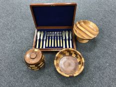 A mahogany canteen of fish cutlery and three pieces of Sovereign wood ware