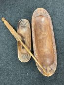 A carved hardwood staff together with two carved oblong bowls