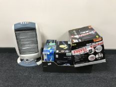 A box of LED table lamp, lantern, hand held steam cleaner, halogen heater,