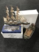 A wooden trawler part boxed, together with a wooden three masted ship,