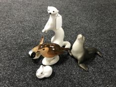 Five USSR china Lomonosov animal figures including Seal, Bird,