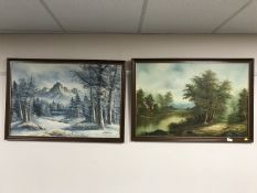 A framed oil on board - River through a landscape by C Inness,