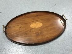 A Victorian inlaid mahogany gallery tray with brass handles