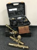 A box of wicker sewing box, brass picture lights,