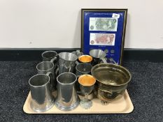 A tray of assorted metal ware, goblets, tankards, planter,