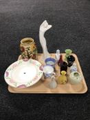 A tray of Doulton figure, Indian pattern vase, blue and white cups,