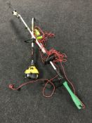 A JCB petrol strimmer together with a gardenline hedge trimmer and telescopic hedge trimmer