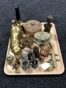 A tray of brass ornaments, brass bell, lidded table box,