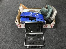 A box of metal tool box - Spanners, belt sander,