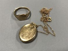 A 9ct gold ring together with a yellow metal locket on chain