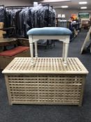 A pine storage box together with a blue dralon upholstered dressing table stool