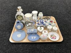 A tray of four pieces of Wedgwood jasper ware, china trinket dishes, Royal Doulton loving cup,