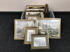 A box of assorted pictures and prints including six teak framed mid-20th century Heritage of the