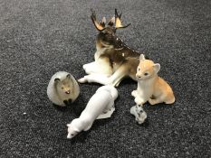 Five USSR china Lomonosov animal figures including Hedgehog, Stag,